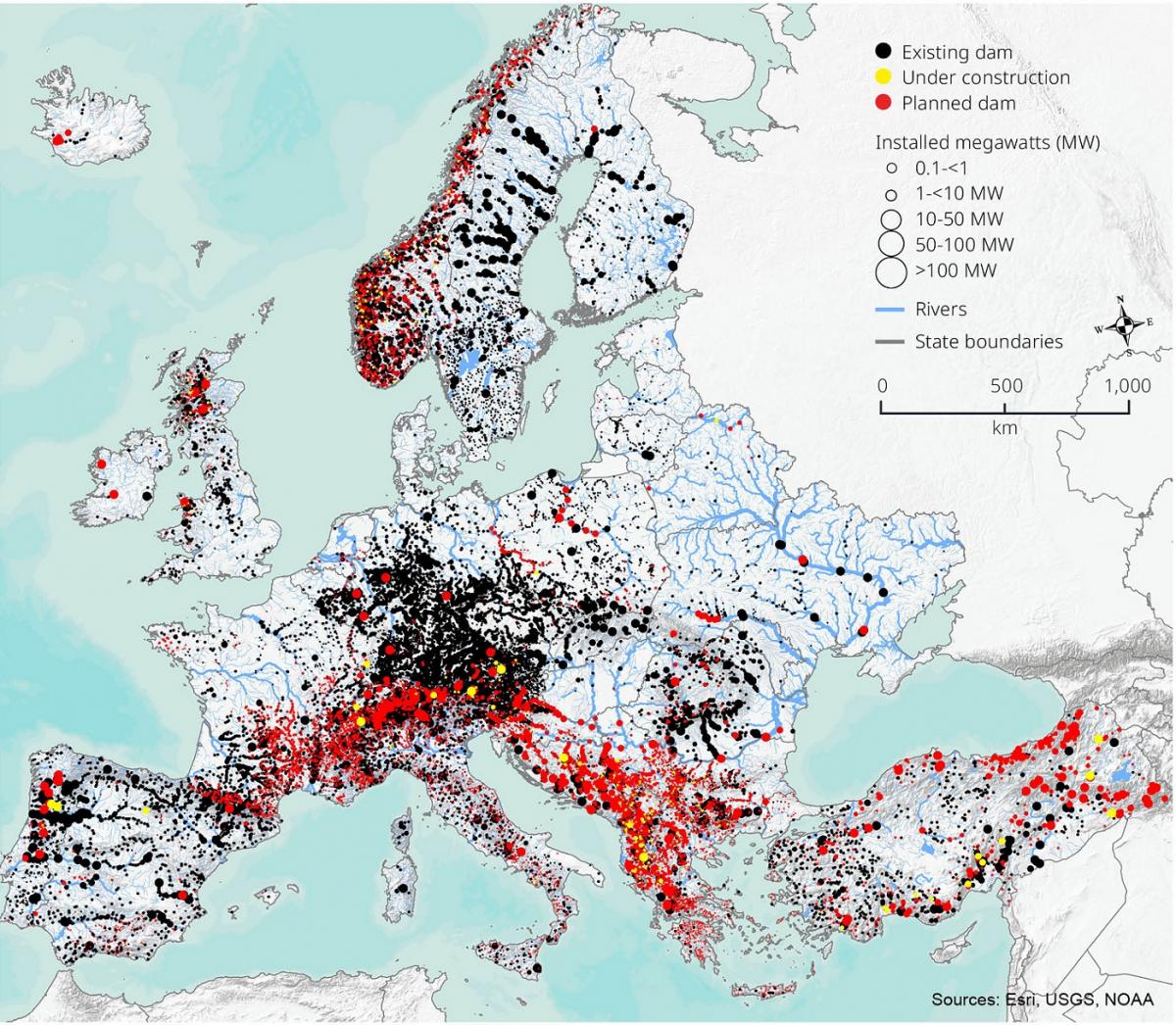 Europas Flüsse sind verdammt! Die Karte zeigt bestehende und geplante Wasserkraftwerke auf dem Kontinent. Einer der geografischen Schwerpunkte: der Balkan © FLUVIUS, im Auftrag von WWF, Riverwatch, EuroNatur, GEOTA