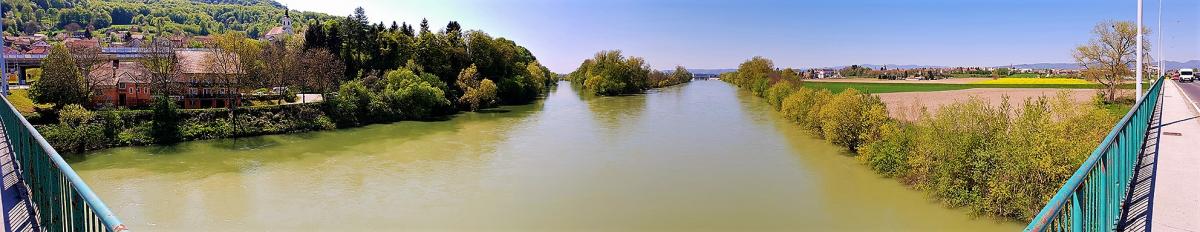 Zusammenfluss der Flüsse Sava und Krka in Slowenien. Der Fluss Sava ist ein wichtiger Lebensraum für Fischarten © Marko Zupančič