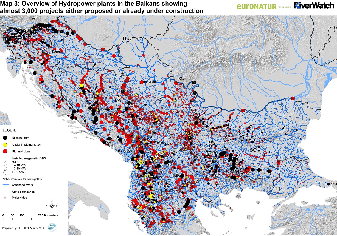 About 3,000 hydropower plants are projected on the Balkan Peninsula. Their construction would destroy the „Blue Heart of Europe“. Source: Fluvius