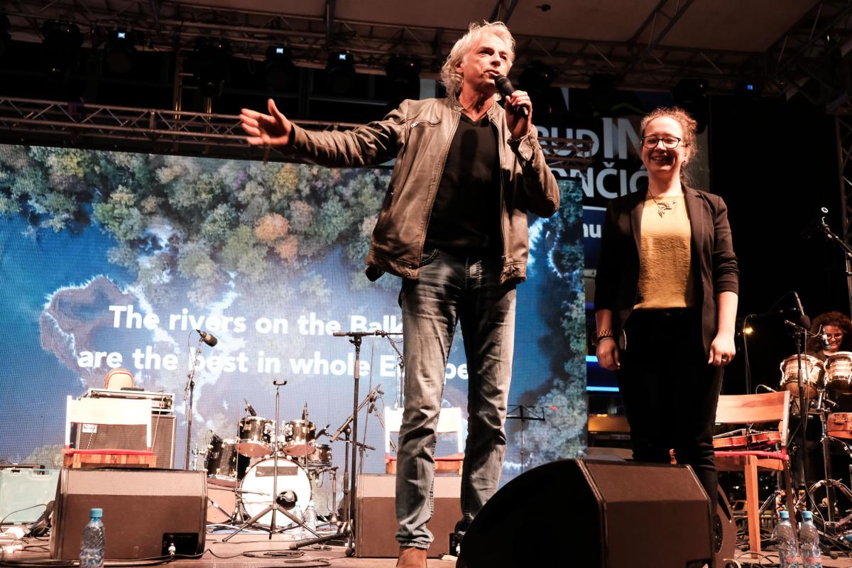 Ulrich Eichelmann (Riverwatch, Austria) and Natasa Crnkovic (Center for Environment, Bosnia and Herzegovina) speak of the dam tsunami which is threatening to destroy the rivers in the Balkans © Nick St. Oegger