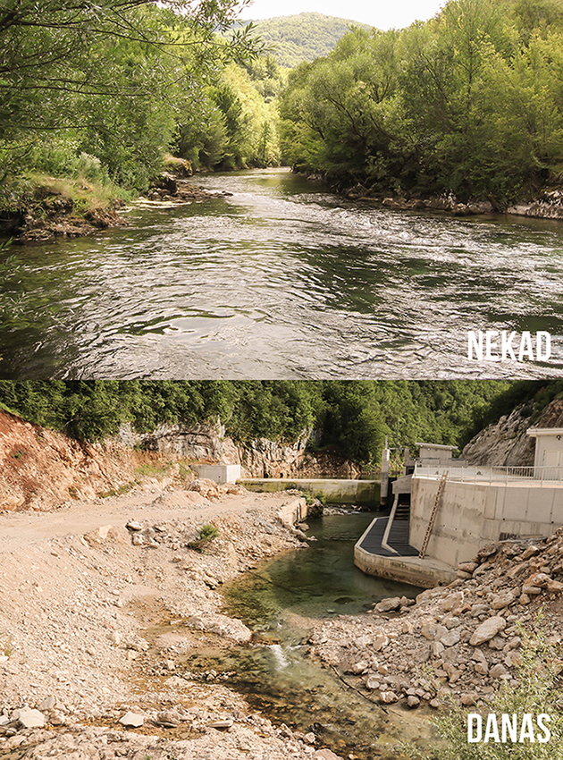 Der Fluss Sana vor und nach dem Bau des Wasserkraftwerks Medna © Viktor Bjelic