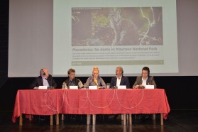 Press Conference prior to the Mavrovo Conference. From left to right: Andrej Sovinc, WCPA Regional Vice Chair for Europe, IUCN; Ljupco Melovski, president of MES; Aleksandra Bujarovska, coordinator of the National campaign from Front 21/42; and Ulrich Eichelmann, CEO of Riverwatch, Gabriel Schwaderer, CEO of EuroNatur.