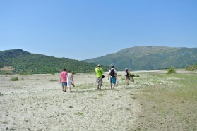 Scientists in the floodplains on their way to work.